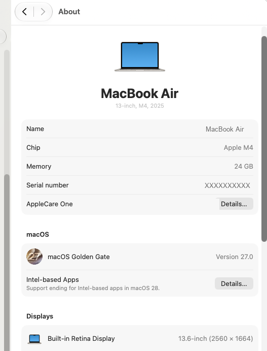 About This Mac showing Apple M4, macOS Golden Gate 27.0, and an Intel-based Apps row