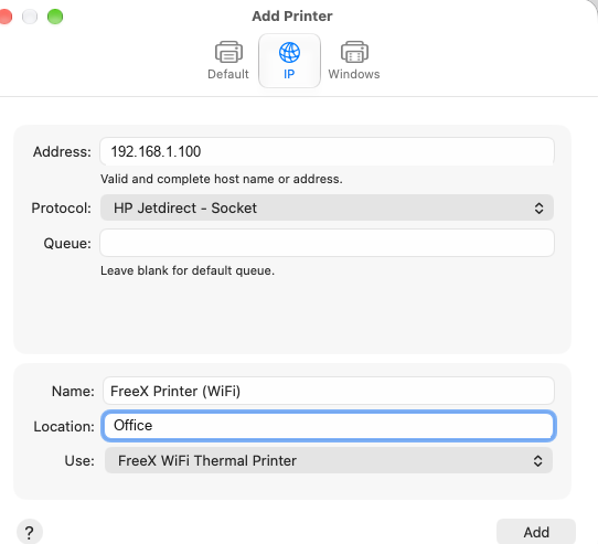 Add Printer IP tab filled in with address 192.168.1.100, HP Jetdirect - Socket, blank queue, and FreeX WiFi Thermal Printer as the driver