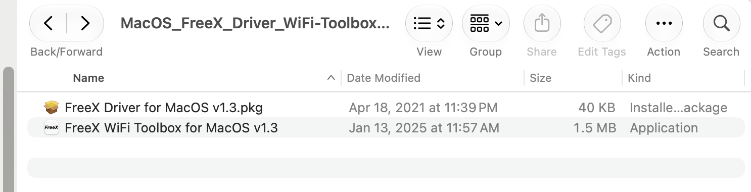 Finder showing the unzipped FreeX package containing the driver pkg and the WiFi Toolbox app