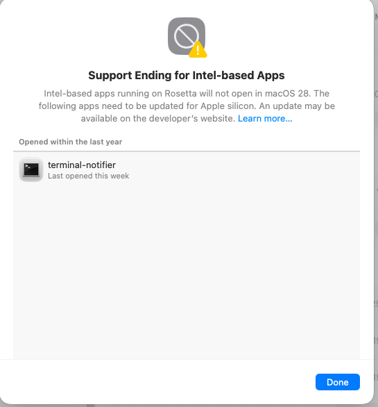 The Support Ending for Intel-based Apps dialog, listing one unrelated Intel app