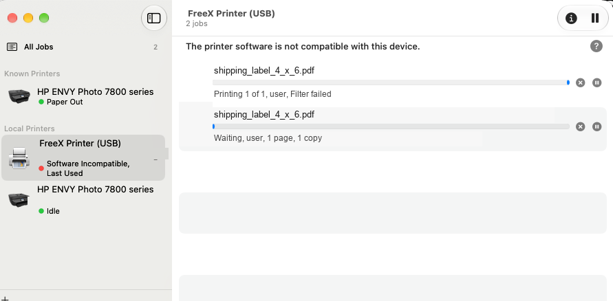 macOS print queue showing "Filter failed" on a stuck job and the printer marked Software Incompatible