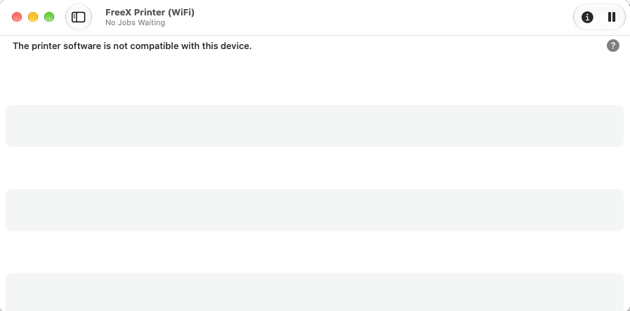 macOS print queue showing the error "The printer software is not compatible with this device"