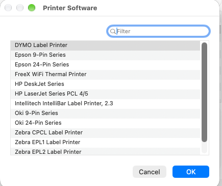 The macOS Printer Software window listing installed printer drivers including DYMO Label Printer, Epson, FreeX WiFi Thermal Printer, HP, Oki and Zebra