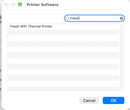 The Printer Software window with FreeX typed into the filter box, narrowing the list to FreeX WiFi Thermal Printer