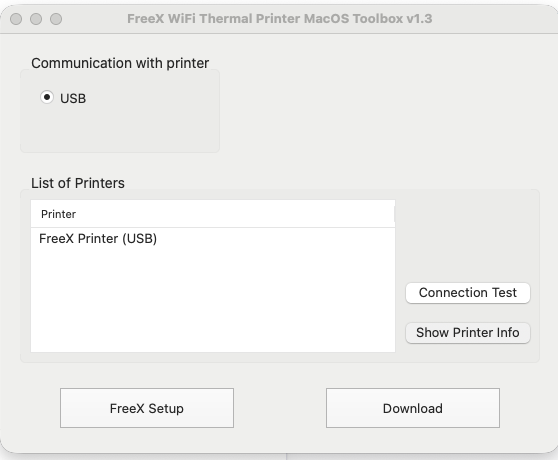 FreeX WiFi Toolbox main window with the printer listed and Connection Test available
