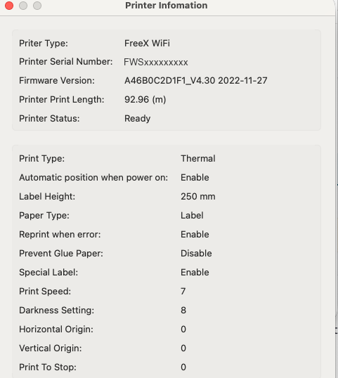 FreeX Printer Information window reporting Printer Status: Ready over USB